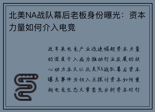 北美NA战队幕后老板身份曝光：资本力量如何介入电竞